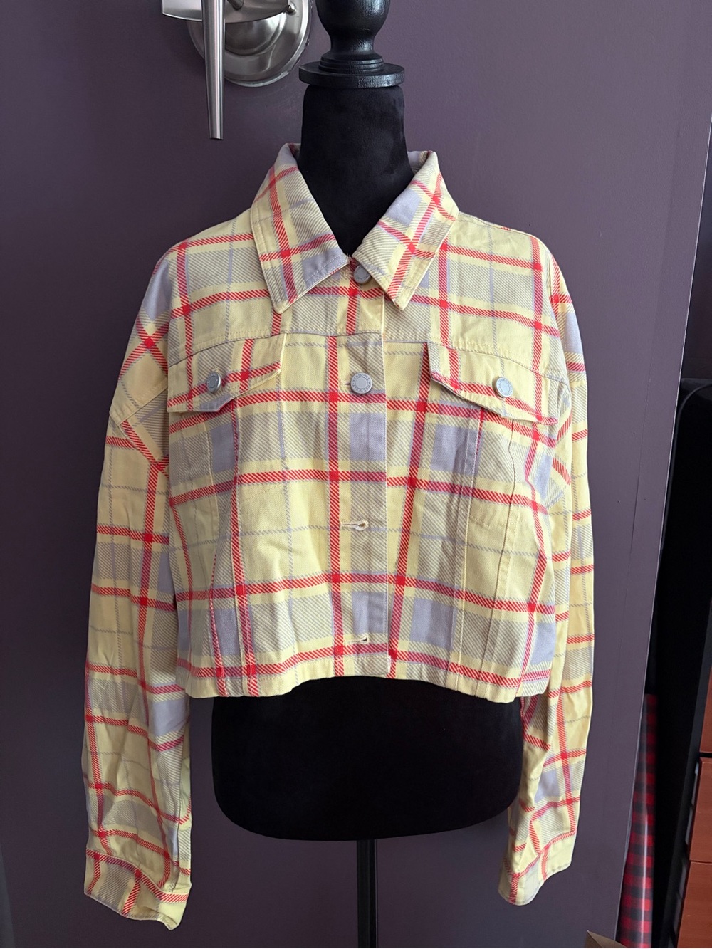 WeWoreWhat Yellow Plaid Cropped Jean Jacket with Red Trim